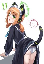 Rule 34 | !, !!, 1girl, absurdres, alternate costume, animal ear headphones, animal ears, apron, ass, black dress, blondy (ldlong), blue archive, blue ribbon, blush, cat ear headphones, cat tail, doodle sensei (blue archive), dress, embarrassed, enmaided, fake animal ears, from behind, green eyes, headphones, highres, inset, leaning forward, long sleeves, low twintails, maid, maid headdress, mechanical tail, medium hair, midori (blue archive), midori (maid) (blue archive), neck ribbon, nose blush, open mouth, orange hair, panties, ribbon, sensei (blue archive), sidelocks, simple background, solo, sweatdrop, tail, thighs, twintails, underwear, white apron, white background, white panties