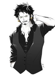 Rule 34 | 1boy, alternate costume, arms behind head, black hair, chest tattoo, collarbone, dress shirt, earrings, facial hair, gloves, goatee, half gloves, hamu ha umai, highres, jewelry, long sideburns, looking at viewer, male focus, one piece, partially colored, partially unbuttoned, shirt, short hair, sideburns, sleeves rolled up, solo, sweatdrop, tattoo, trafalgar law, upper body, waistcoat, white background, yellow eyes
