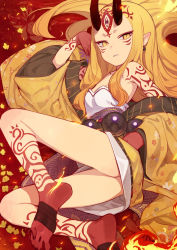 Rule 34 | 1girl, arm tattoo, arm up, bare legs, bare shoulders, barefoot, blonde hair, breasts, commentary request, doremi (doremi4704), earrings, facial mark, fate/grand order, fate (series), feet, flower, forehead mark, highres, horns, ibaraki douji (fate), japanese clothes, jewelry, kimono, long hair, looking at viewer, off shoulder, oni, oni horns, parted lips, pointy ears, sharp teeth, small breasts, soles, solo, strapless, tattoo, teeth, very long hair, yellow eyes, yellow flower, yellow kimono