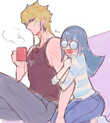 Rule 34 | 1boy, 1girl, blonde hair, blue eyes, blush, carly nagisa, coke-bottle glasses, commentary request, cup, dangle earrings, earrings, glasses, highres, holding, holding another&#039;s arm, holding cup, ishinonono, jack atlas, jewelry, long hair, open mouth, pants, shirt, short hair, short hair with long locks, sitting, spiked hair, striped clothes, striped shirt, yu-gi-oh!, yu-gi-oh! 5d&#039;s