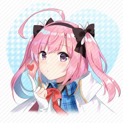 Rule 34 | 1girl, ahoge, azur lane, black bow, black hairband, blush, bow, closed mouth, diagonal stripes, gingham, gloves, hair between eyes, hair bow, hairband, hand up, heart, index finger raised, jacket, jacket on shoulders, looking at viewer, partially fingerless gloves, pink hair, plaid, purple eyes, red bow, saratoga (azur lane), silveroid, solo, striped, striped background, two side up, white gloves, white jacket