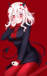 Rule 34 | 1girl, 49 (yonkyuu), bad id, bad pixiv id, black horns, black suit, blush, breasts, closed mouth, demon girl, demon horns, demon tail, foot out of frame, formal, frown, hair between eyes, heart, heart-shaped pupils, helltaker, highres, horns, large breasts, long hair, long sleeves, looking at viewer, modeus (helltaker), pantyhose, red background, red eyes, red pantyhose, red sweater, ribbed sweater, simple background, sleeves past wrists, solo, suit, sweater, symbol-shaped pupils, tail, turtleneck, white hair