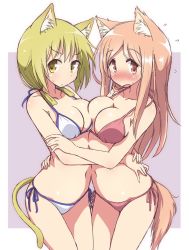 Rule 34 | 2girls, aikawa chiho, animal ears, asymmetrical docking, bikini, blonde hair, blush, breast press, breasts, brown eyes, brown hair, cat ears, cat tail, cleavage, collarbone, cowboy shot, dog ears, dog tail, embarrassed, flying sweatdrops, full-face blush, halterneck, hug, ichii yui, large breasts, legs together, long hair, looking at viewer, low twintails, mel (melty pot), multiple girls, navel, nose blush, open mouth, purple background, red bikini, side-tie bikini bottom, sidelocks, simple background, string bikini, sweatdrop, swimsuit, tail, tareme, twintails, two-tone background, white bikini, yellow eyes, yuyushiki