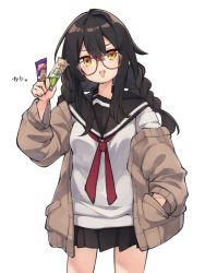Rule 34 | 1girl, :d, black hair, black sailor collar, black skirt, blush, braid, breasts, brown cardigan, brown eyes, cardigan, commentary request, glasses, hair between eyes, hand in pocket, hand up, highres, holding, long hair, looking at viewer, natsuki teru, off shoulder, open cardigan, open clothes, open mouth, original, pleated skirt, red-framed eyewear, red neckwear, sailor collar, school uniform, serafuku, shirt, simple background, skirt, small breasts, smile, solo, standing, translation request, twin braids, v-shaped eyebrows, white background, white shirt
