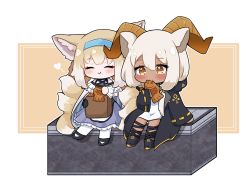 Rule 34 | :t, ^ ^, animal ear fluff, animal ears, arknights, bag, bare shoulders, beeswax (arknights), black footwear, black jacket, blouse, blue hairband, blush, boots, braid, braided hair rings, brown background, brown eyes, brown hair, chibi, closed eyes, closed mouth, commission, eating, food, food on face, fox ears, fox girl, fox tail, frilled skirt, frills, hair rings, hairband, heart, holding, holding bag, holding food, horns, infection monitor (arknights), jacket, kitsune, kurotofu, long sleeves, open clothes, open jacket, pantyhose, paper bag, purple skirt, shirt, skirt, sleeves past wrists, suzuran (arknights), tail, taiyaki, twin braids, two-tone background, wagashi, white background, white legwear, white shirt, wide sleeves