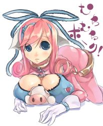 Rule 34 | 1girl, animal ears, barasoto momo, between breasts, blue eyes, breast press, breast smother, breasts, cave (developer), collar, face to breasts, gloves, hair ribbon, huge breasts, large breasts, long hair, looking at viewer, mikage sekizai, muchi muchi pork, pig, pig ears, pig girl, pink hair, ribbon, simple background, solo, top-down bottom-up, very long hair, white background