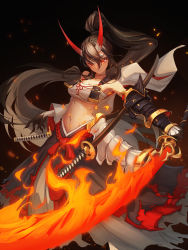 Rule 34 | 1girl, absurdly long hair, absurdres, akakage youtou hime (onmyoji), armor, black hair, embers, faulds, flaming sword, flaming weapon, gauntlets, hair between eyes, highres, holding, holding sword, holding weapon, horns, katana, long hair, looking at viewer, midriff, navel, onmyoji, parted lips, ponytail, red eyes, sarashi, single gauntlet, solo, sword, torn clothes, tsurime, very long hair, weapon, yepo, youtouhime