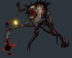 Rule 34 | 1other, absurdres, blade, blood, bloody weapon, fiddlesticks, grey background, highres, holding, holding lantern, holding scythe, key, lantern, league of legends, open mouth, pasties (kimsungjoo), rope, scythe, simple background, weapon