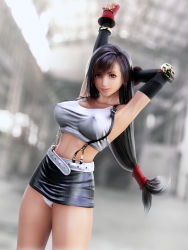Rule 34 | 1990s (style), 1girl, 3d, armpits, black hair, black skirt, bracelet, breasts, brown eyes, covered erect nipples, elbow gloves, final fantasy, final fantasy vii, fingerless gloves, gloves, incise soul, jewelry, large breasts, long hair, low-tied long hair, m-rs, midriff, miniskirt, navel, panties, pantyshot, pencil skirt, ponytail, red eyes, retro artstyle, shirt, skirt, solo, suspender skirt, suspenders, taut clothes, taut shirt, tifa lockhart, underwear, upskirt, white panties