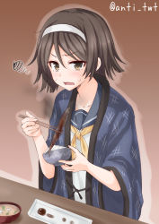 Rule 34 | 10s, 1girl, anti (untea9), black hair, bowl, brown eyes, burnt, chopsticks, commentary request, fish, food, hairband, hanten (clothes), highres, japanese clothes, kantai collection, looking at viewer, open mouth, rice, rice bowl, saury, school uniform, serafuku, short hair, solo, soup, sweatdrop, table, tanikaze (kancolle), twitter username