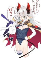 Rule 34 | 1boy, 1girl, bangle, bracelet, breasts, cape, cropped legs, curled horns, demon girl, demon horns, demon tail, elbow gloves, emma august, epaulettes, fang, gloves, green eyes, grey hair, horns, jewelry, long hair, muchi maro, name tag, nijisanji, old school swimsuit, one-piece swimsuit, one eye closed, open mouth, pointy ears, red horns, school swimsuit, simple background, single thighhigh, sketch, skin fang, small breasts, solo focus, striped clothes, striped thighhighs, swimsuit, tail, tearing clothes, thighhighs, torn clothes, torn swimsuit, v over eye, virtual youtuber, white background, white gloves