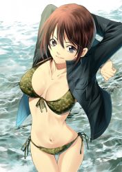 Rule 34 | 10s, 1girl, aoi fuuka, arms up, beach, bikini, breasts, brown eyes, brown hair, camouflage, camouflage bikini, cleavage, female focus, from side, front-tie bikini top, front-tie top, fuuka, highres, jacket, jpeg artifacts, large breasts, leather, leather jacket, lips, navel, ocean, official art, pocket, seo kouji, short hair, side-tie bikini bottom, side-tie bottom, solo, surf, swimsuit, thigh gap, water