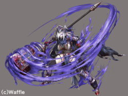 Rule 34 | 1girl, armor, aura, black thighhighs, blood, bloody weapon, dark aura, eden&#039;s ritter grenze, eden grenze, gauntlets, greaves, grey background, grey hair, hair over one eye, helmet, holding, holding weapon, huge weapon, kageshio (276006), long hair, mask, mouth mask, official art, pauldrons, purple eyes, scar, scar on leg, see-through, shoulder armor, simple background, single pauldron, solo, thighhighs, vambraces, weapon, winged helmet, zain (eden)