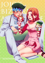 Rule 34 | 1boy, 1girl, armband, bad id, bad pixiv id, blue eyes, bow, breasts, brown hair, choker, cleavage, copyright name, dress, earrings, gradient background, green hair, green lips, hairband, hand puppet, headband, heart, heart background, jewelry, jojo no kimyou na bouken, kishibe rohan, lipstick, makeup, noriuma, notebook, pink dress, puppet, red eyes, sandals, seiza, sitting, small breasts, sugimoto reimi