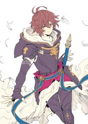 Rule 34 | 1boy, ahoge, armor, bishounen, breastplate, brown hair, cape, commentary request, cowboy shot, falling feathers, feathers, fingerless gloves, flat color, floating cape, gloves, granblue fantasy, hair between eyes, hip armor, holding, holding sword, holding weapon, hood, hood down, knee pads, leather, leather pants, male focus, masakane, messy hair, outstretched hand, pants, red eyes, sandalphon (granblue fantasy), short hair, shoulder armor, smile, solo focus, sword, tight clothes, tight pants, torn cape, torn clothes, turtleneck, weapon, white background, white cape, white feathers