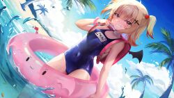 Rule 34 | 1girl, ahoge, animal, aruru rosario, backpack, bag, bare arms, bare shoulders, beach, blonde hair, blue one-piece swimsuit, blue sky, blush, breasts, cloud, commentary request, commission, covered navel, crab, day, grin, hair ornament, heart, heart hair ornament, highres, indie virtual youtuber, innertube, looking at viewer, multicolored hair, name tag, nyatrix, one-piece swimsuit, outdoors, palm tree, randoseru, red eyes, red hair, sand, school swimsuit, skindentation, sky, small breasts, smile, solo, standing, streaked hair, swim ring, swimsuit, thighhighs, tree, two side up, virtual youtuber, water, white thighhighs