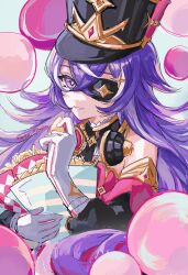 Rule 34 | 1girl, bare shoulders, black necktie, chevreuse (genshin impact), commentary request, detached collar, detached sleeves, earmuffs, earmuffs around neck, eyepatch, genshin impact, gloves, gold trim, hat, highres, holding, long hair, looking at viewer, mole, mole under mouth, multicolored hair, necktie, nyan kyosiro0, onion rings, pointy hair, puffy detached sleeves, puffy sleeves, purple eyes, purple hair, shako cap, sketch, solo, streaked hair, two-tone hair, very long hair, white gloves, white hair
