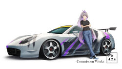 Rule 34 | 1girl, artist name, belt, black belt, black footwear, blue pants, blush, breasts, burnout paradise, car, commentary, commission, denim, english commentary, grey hair, haow, head tilt, highres, jeans, kitano touge sport, long hair, looking at viewer, low wings, medium breasts, motor vehicle, original, pants, ponytail, purple eyes, shadow, shoes, smile, sneakers, solo, spoiler (automobile), sports car, vehicle focus, white background, wings