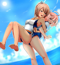 Rule 34 | 10s, 2girls, :d, ahoge, bare shoulders, barefoot, baretto (karasi07), blue sky, blush, breasts, brown eyes, brown hair, cloud, day, hair ornament, hairclip, highres, i-401 (kancolle), i-58 (kancolle), kantai collection, locked arms, looking back, medium breasts, multiple girls, one-piece swimsuit, open mouth, pink eyes, pink hair, ponytail, sailor collar, school swimsuit, school uniform, serafuku, short hair, short ponytail, sky, smile, sun, swimsuit, swimsuit under clothes, tan, teeth