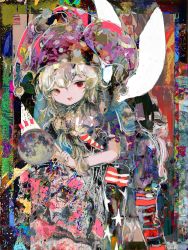 Rule 34 | 1girl, abstract, abstract background, american flag dress, american flag legwear, blonde hair, clownpiece, commentary, fairy, fairy wings, hat, highres, jester cap, long hair, moon, neck ruff, notice lines, open mouth, polka dot, raised eyebrows, red eyes, solo, touhou, tsukamoto anabone, wings