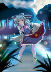 Rule 34 | 1girl, bad id, bad pixiv id, bow, detached sleeves, female focus, hair bow, hakurei reimu, highres, japanese clothes, leaning, long hair, miko, moon, nature, outdoors, sky, smile, solo, ss (curry 310), touhou, tree, water, yellow eyes