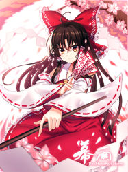 Rule 34 | 1girl, ahoge, ascot, bare shoulders, black hair, bow, branch, brown eyes, cherry blossoms, chinese commentary, collarbone, commentary request, cowboy shot, detached sleeves, frilled bow, frills, gohei, hair between eyes, hair bow, hair tubes, hakurei reimu, holding, koissa, long hair, long sleeves, looking at viewer, ofuda, partial commentary, petals, petticoat, red bow, red skirt, ribbon-trimmed skirt, ribbon-trimmed sleeves, ribbon trim, rose petals, sidelocks, skirt, skirt set, smile, solo, touhou, v-shaped eyebrows, wide sleeves, yellow ascot