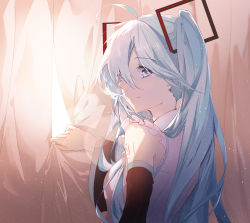 Rule 34 | 1girl, ahoge, black sleeves, blue eyes, blue hair, closed mouth, commentary request, curtain grab, curtains, detached sleeves, hair between eyes, hair ornament, hatsune miku, long hair, long sleeves, looking to the side, shirt, sleeveless, sleeveless shirt, smile, solo, taka (0taka), twintails, very long hair, vocaloid, white shirt, wide sleeves