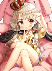 Rule 34 | 1girl, absurdres, arm up, black cape, braid, braided bangs, brown eyes, cape, clothes writing, commentary request, cosplay, crossed legs, crown, feet out of frame, futaba anzu, futaba anzu (cosplay), grey hair, hair over shoulder, hand up, highres, hisakawa nagi, idolmaster, idolmaster cinderella girls, knees up, low twintails, mini crown, shirt, short sleeves, shorts, simple background, solo, striped clothes, striped shorts, stuffed animal, stuffed rabbit, stuffed toy, thighs, tilted headwear, translation request, twintails, white background, yata (yatao zzz), yellow shirt