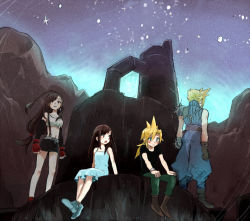 Rule 34 | 1990s (style), 2boys, 2girls, age comparison, blonde hair, blush, brown eyes, brown hair, cloud strife, colored pencil (medium), commentary, crop top, dress, dual persona, earrings, final fantasy, final fantasy vii, fingerless gloves, gloves, green eyes, jewelry, long hair, looking at another, looking away, mare (pixiv), midriff, miniskirt, mixed media, multiple boys, multiple girls, navel, nibelheim, open mouth, retro artstyle, short hair, skirt, sky, sleeveless, sleeveless dress, spiked hair, star (sky), suspender skirt, suspenders, tank top, tifa lockhart, traditional media, aged down