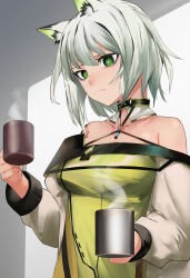 Rule 34 | 1girl, absurdres, animal ear fluff, animal ears, ao oni (onioni-aoi), arknights, bags under eyes, bare shoulders, black collar, bright pupils, cat ears, cat girl, closed mouth, collar, collarbone, commentary request, cup, dress, green dress, green eyes, grey background, grey hair, halterneck, hands up, highres, holding, holding cup, kal&#039;tsit (arknights), long sleeves, looking at viewer, short hair, simple background, solo, steam, upper body, white background, white pupils, worried, yellow dress