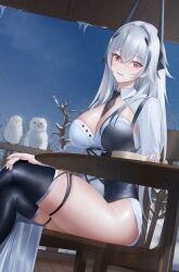 Rule 34 | 1girl, azur lane, bare tree, bird, black hair, black straps, black thighhighs, breasts, chair, crossed legs, cup, dutch angle, hair intakes, highres, horns, icicle, kursk (azur lane), large breasts, light smile, long hair, looking at viewer, multicolored hair, necktie, outdoors, owl, parted lips, rausu (undeadmachine), red eyes, rooftop, sitting, skindentation, snow, snowman, solo, streaked hair, table, thigh strap, thighhighs, thighs, tree, white hair, winter, wooden floor