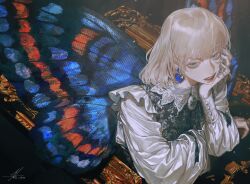 Rule 34 | 1boy, arm rest, au (d elete), blonde hair, blue eyes, blue nails, bored, butterfly wings, buttons, collared shirt, crossed arms, earrings, fate/grand order, fate (series), from above, hand on own chin, head rest, highres, insect wings, jewelry, looking to the side, male focus, nail polish, oberon (fate), parted lips, picture frame, shirt, solo, teeth, upper teeth only, wings