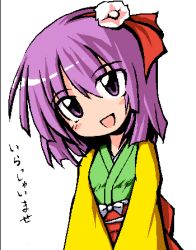 Rule 34 | 1girl, female focus, flower, hieda no akyuu, japanese clothes, lowres, neki-t, perfect memento in strict sense, purple eyes, purple hair, short hair, simple background, solo, standing, touhou, translated, upper body, white background