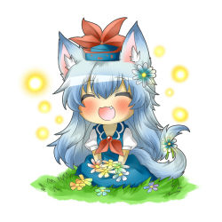 Rule 34 | 1girl, :3, animal ears, bad id, bad pixiv id, blue dress, chibi, closed eyes, dog ears, dog tail, dress, expressive clothes, fang, female focus, flower, hat, kamishirasawa keine, kemonomimi mode, long hair, mini person, minigirl, open mouth, rebecca (keinelove), solo, tail, touhou
