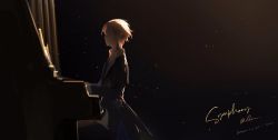 Rule 34 | 1boy, backlighting, black background, black jacket, black pants, brown hair, closed eyes, closed mouth, collared shirt, copyright request, dated, earrings, highres, instrument, jacket, jewelry, light particles, long sleeves, male focus, meru02295238, music, pants, piano, playing instrument, profile, shirt, short hair, signature, sitting, smile, solo, viatin (forever 7th capital), white shirt