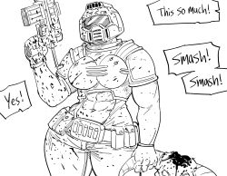 Rule 34 | 1girl, absurdres, armor, bb (baalbuddy), belt, belt buckle, belt pouch, blood, blood on clothes, blood splatter, boobplate, breastplate, buckle, commentary, contrapposto, covered abs, covered face, cowboy shot, demon horns, doom (series), doomguy, english commentary, english text, genderswap, genderswap (mtf), gloves, greyscale, gun, helmet, highres, holding, holding skull, horns, monochrome, muscular, muscular female, pouch, shoulder armor, skull, solo, space marine, speech bubble, standing, submachine gun, thick thighs, thighs, trigger discipline, weapon, wide hips