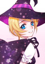 Rule 34 | 1girl, black cape, blonde hair, blue eyes, cape, from side, grin, hat, hat ribbon, looking at viewer, original, print headwear, purple hat, purple ribbon, ribbon, shirt, short hair, short sleeves, smile, solo, striped ribbon, swept bangs, tabby chan, twitter username, upper body, white shirt, witch, witch hat