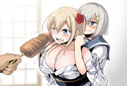 Rule 34 | 10s, 1boy, 2girls, bare shoulders, blonde hair, blue eyes, blush, breasts, cleavage, closed mouth, collarbone, feeding, flower, food, force-feeding, graf zeppelin (kancolle), hair flower, hair ornament, hair over one eye, hairclip, hamakaze (kancolle), highres, ishima yuu, japanese clothes, kantai collection, kimono, large breasts, motion lines, multiple girls, obi, off shoulder, one eye closed, open mouth, phallic symbol, restrained, sailor collar, sash, shaded face, short hair, side ponytail, silver hair, smirk, tears, teeth, upper body