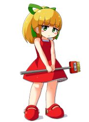 Rule 34 | 1girl, bare arms, bare shoulders, blonde hair, blunt bangs, blush stickers, broom, dress, flat chest, frilled dress, frills, full body, green eyes, green ribbon, hair ribbon, highres, holding, holding broom, korutana, long hair, looking at viewer, mega man (classic), mega man (series), no legwear, parted lips, ponytail, red dress, red footwear, ribbon, roll (mega man), shadow, shoes, sidelocks, simple background, solo, standing, white background