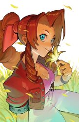 Rule 34 | 1girl, aerith gainsborough, aqua eyes, braid, braided ponytail, breasts, brown hair, cleavage, closed mouth, cowboy shot, cropped jacket, dress, falling petals, final fantasy, final fantasy vii, flower, from above, hair ribbon, holding, holding flower, jacket, lily (flower), long hair, looking at viewer, medium breasts, parted bangs, petals, pink dress, pink ribbon, puffy short sleeves, puffy sleeves, red jacket, ribbon, short sleeves, sidelocks, single braid, smile, solo, the evanjer, upper body, wavy hair, yellow flower