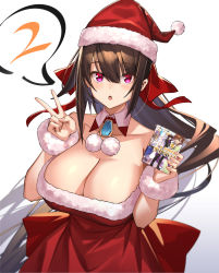 Rule 34 | 1girl, black hair, blush, book, bow, breasts, character request, cleavage, copyright request, detached collar, dress, fur trim, hair bow, hat, highres, large breasts, long hair, looking at viewer, open mouth, purple eyes, red bow, red dress, santa dress, santa hat, simple background, solo, takamine nadare, v, white background, wrist cuffs