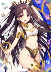 Rule 34 | 1girl, :d, aozora nan, black hair, black ribbon, blush, breasts, cleavage, commentary request, earrings, fate/grand order, fate (series), groin, hair between eyes, hair ribbon, heavenly boat maanna, highres, holding, holding sword, holding weapon, hoop earrings, ishtar (fate), jewelry, long hair, looking at viewer, navel, open mouth, parted bangs, red eyes, ribbon, small breasts, smile, solo, sword, tiara, two side up, very long hair, weapon, white background
