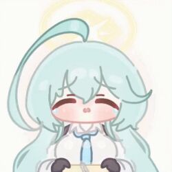 Rule 34 | 1girl, ahoge, animated, animated gif, black gloves, blue archive, blue necktie, blush, chibi, closed eyes, collared shirt, gloves, green hair, halo, holding, horuhara, iei, long hair, long sleeves, lowres, necktie, open mouth, shirt, simple background, solo, white background, white shirt, yellow halo, yume (blue archive)