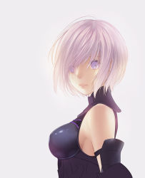 Rule 34 | 1girl, armor, bare shoulders, breasts, fate/grand order, fate (series), hair over one eye, looking at viewer, mash kyrielight, purple eyes, purple hair, short hair, simple background, solo, white background, yoshimune (b12f)