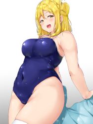 Rule 34 | 1girl, :d, absurdres, aqua jacket, bare shoulders, blonde hair, blue one-piece swimsuit, breasts, covered navel, gradient background, hair between eyes, hair bun, highres, jacket, looking at viewer, love live!, love live! sunshine!!, medium breasts, medium hair, ohara mari, one-piece swimsuit, open mouth, school swimsuit, shinonon (iso shino), simple background, single hair bun, smile, solo, standing, swimsuit, taut clothes, taut swimsuit, thighhighs, thighs, white thighhighs, yellow eyes
