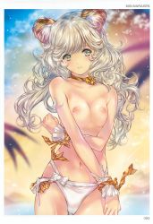 Rule 34 | 1girl, absurdres, animal ear fluff, animal ears, artist name, bare shoulders, bell, bikini, blonde hair, blue sky, blurry, blurry background, bow, breasts, choker, cleavage, closed mouth, cloud, cloudy sky, collar, collarbone, gluteal fold, green eyes, highres, lips, long hair, medium breasts, min-naraken, navel, neck bell, nipples, orange sky, outdoors, pom pom (clothes), scan, shiny skin, sky, smile, solo, star (symbol), stomach, swimsuit, toranoana, white bikini, wrist cuffs