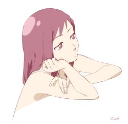 Rule 34 | 1girl, cll j, flcl, highres, lips, medium hair, nude, open mouth, red eyes, red hair, samejima mamimi, signature, solo, topless, upper body