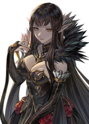 Rule 34 | absurdly long hair, absurdres, black dress, black hair, black nails, breasts, bridal gauntlets, cleavage, closed mouth, detached sleeves, dress, fate/apocrypha, fate/grand order, fate (series), frills, fur trim, hair between eyes, hand up, highres, ioliteplanet, large breasts, long dress, long hair, looking at viewer, nail polish, pointy ears, semiramis (fate), spikes, very long hair, yellow eyes