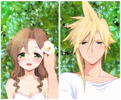 Rule 34 | 1boy, 1girl, aerith gainsborough, alternate costume, bare shoulders, blonde hair, blue eyes, blush, breasts, brown hair, cleavage, cloud strife, collarbone, dress, final fantasy, final fantasy vii, final fantasy vii remake, flower, green eyes, hair between eyes, hair down, hair flower, hair ornament, hand in another&#039;s hair, krudears, light smile, long hair, looking at viewer, medium breasts, open mouth, outdoors, parted bangs, shirt, short hair, sidelocks, sleeveless, sleeveless dress, smile, spiked hair, upper body, wavy hair, white dress, white flower, white shirt