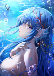 Rule 34 | 1girl, air bubble, bare shoulders, blue hair, blue nails, blue theme, breasts, bubble, caustics, cleavage, crying, crying with eyes open, fins, from side, hand up, head fins, highres, large breasts, lkeris, long hair, looking at viewer, looking to the side, mole, mole under eye, nail polish, original, parted lips, profile, purple eyes, scales, sidelocks, solo, tears, underwater, upper body, water